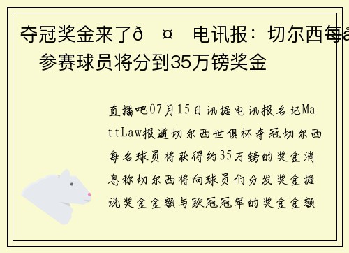 夺冠奖金来了🤑电讯报：切尔西每名参赛球员将分到35万镑奖金